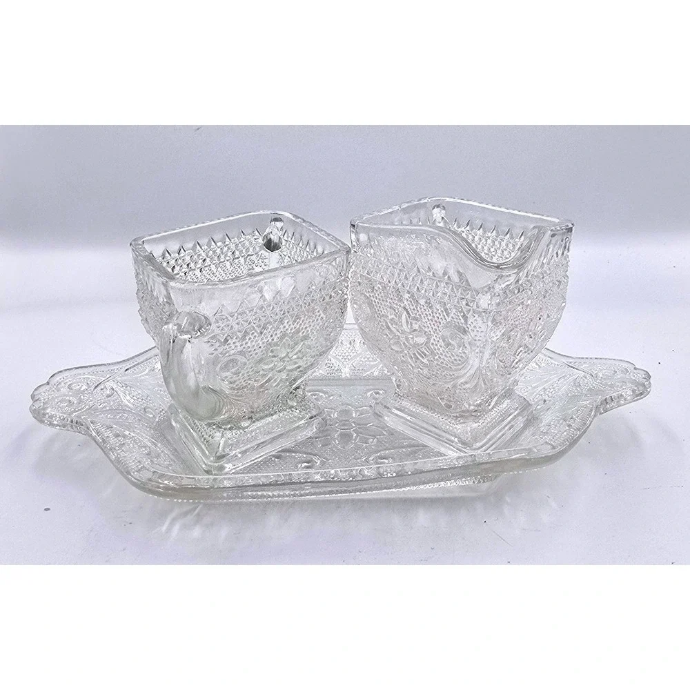 Vintage Clear Glass Embossed Floral Pattern Creamer and Sugar Bowl‎ with Tray